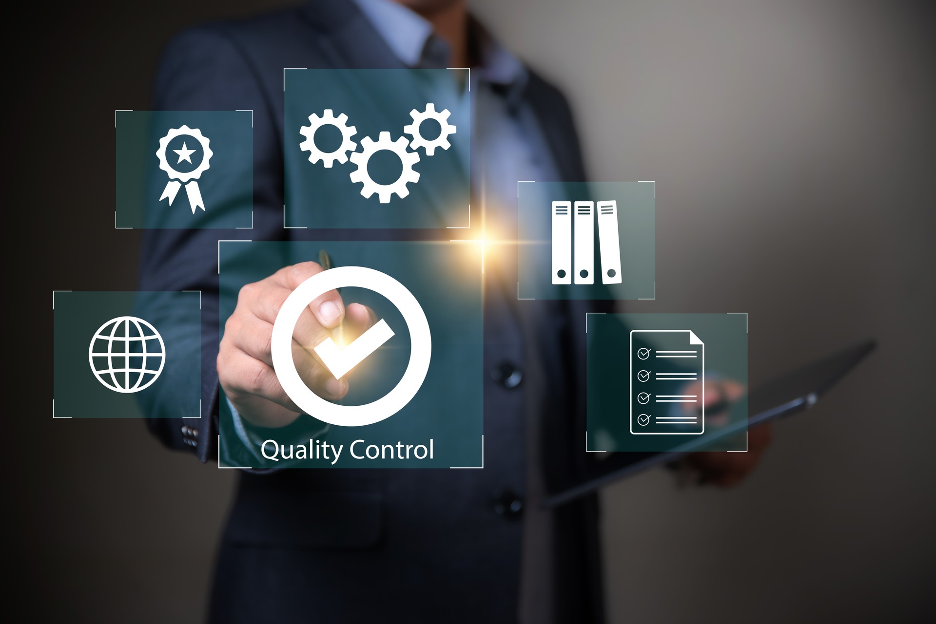 Product Quality control concept, Mnn using laptop with check mark symbol represents the standard quality control.